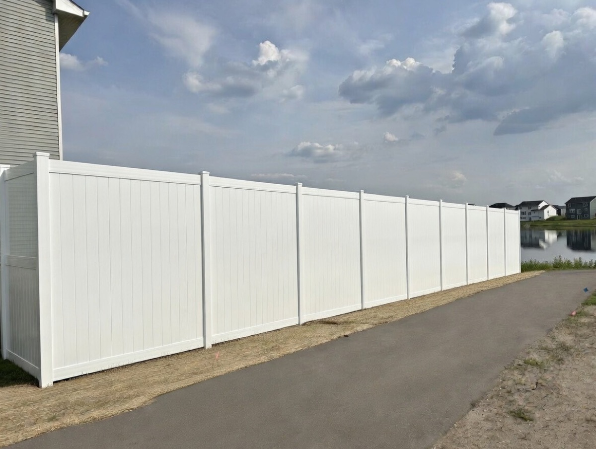 White vinyl fence along a Minneapolis waterfront property by Compass Fence Co.